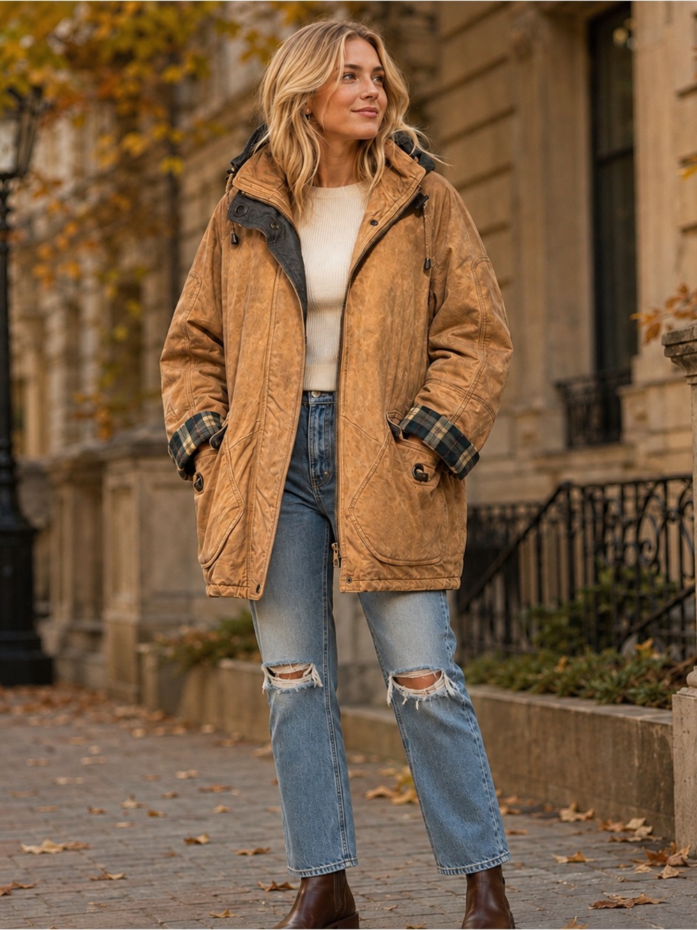 Vintage Women's leather hooded Jacket with Plaid Cuff Detail